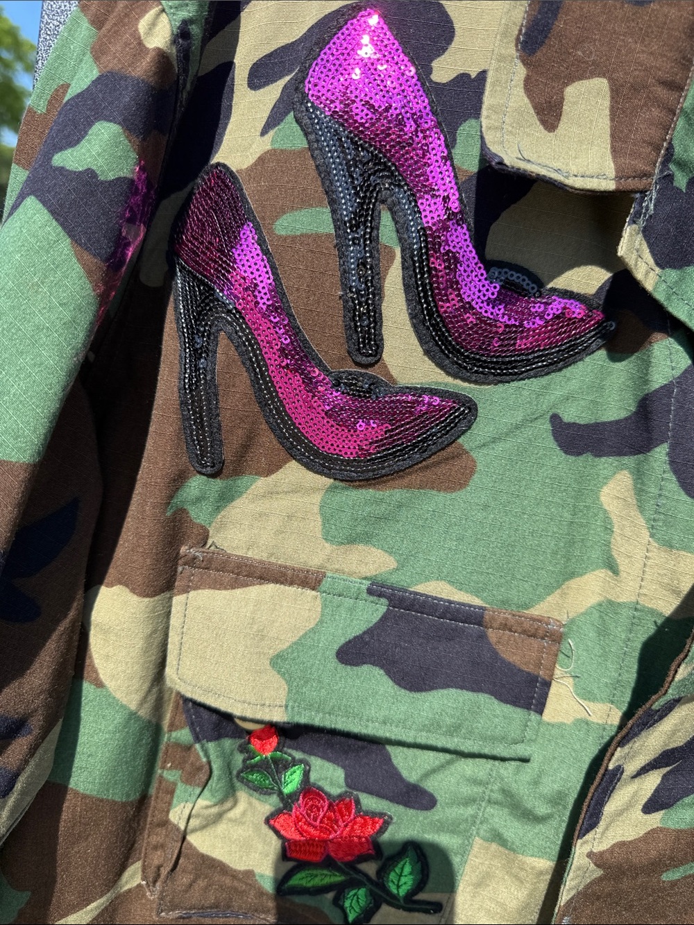 Camo Patchwork Utility Jacket with Pink Sequin Accents - Picture 3 of 6